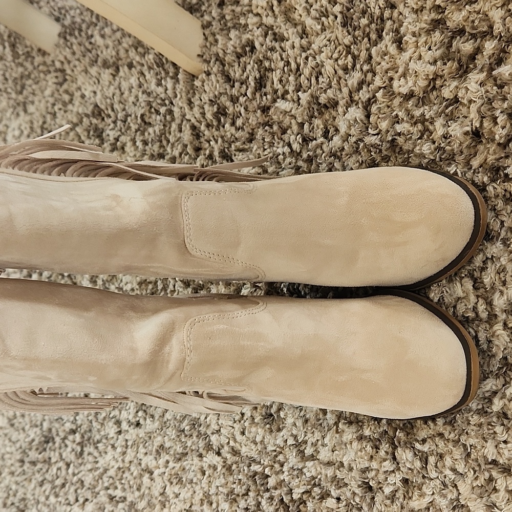 Beige Fringe Suede Boots - Picture 3 of 11